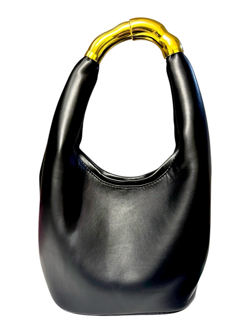 French Gilded Hard-Frame Black Vegan Leather Structural Shoulder Bag NEW
